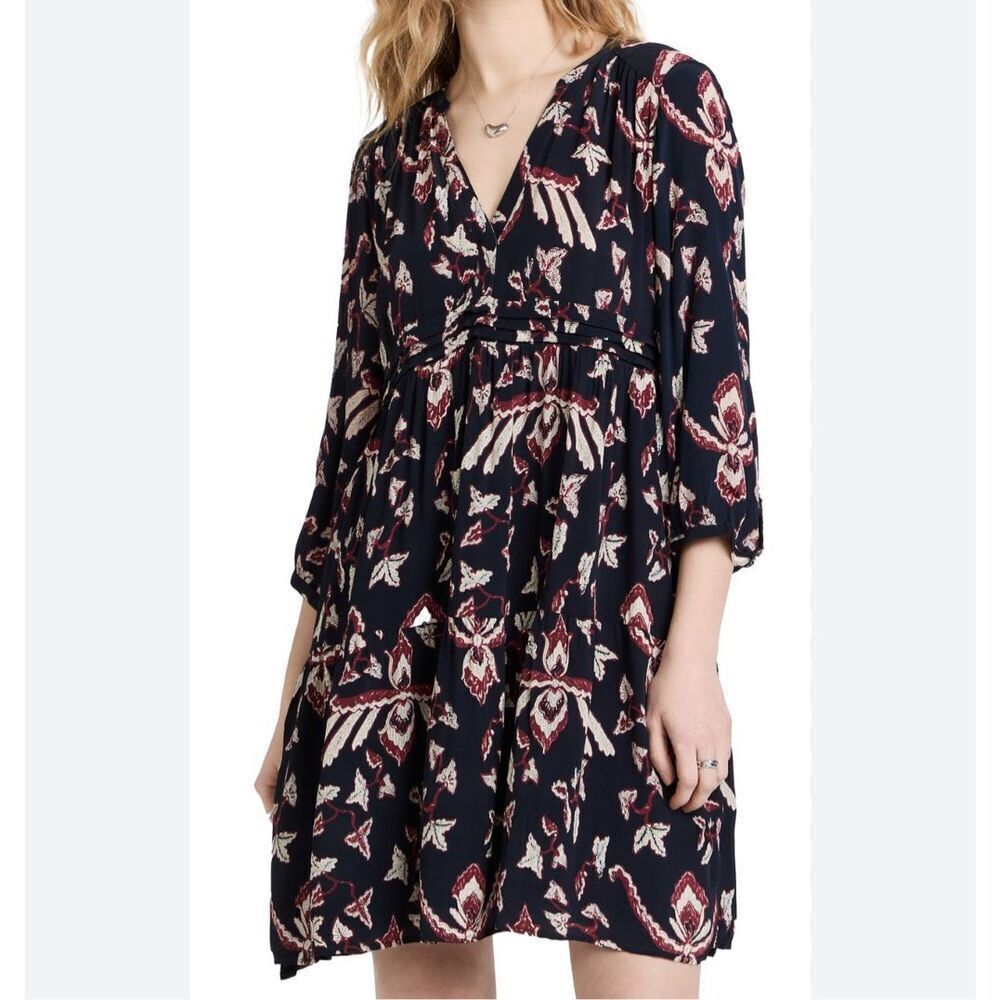 Ba&Sh Boho Blue Calix 3/4 Sleeve Pleated Tunic Mini Dress Small